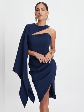 NWT Lavish Alice One Shoulder Cape Dress – Navy Blue Size 8